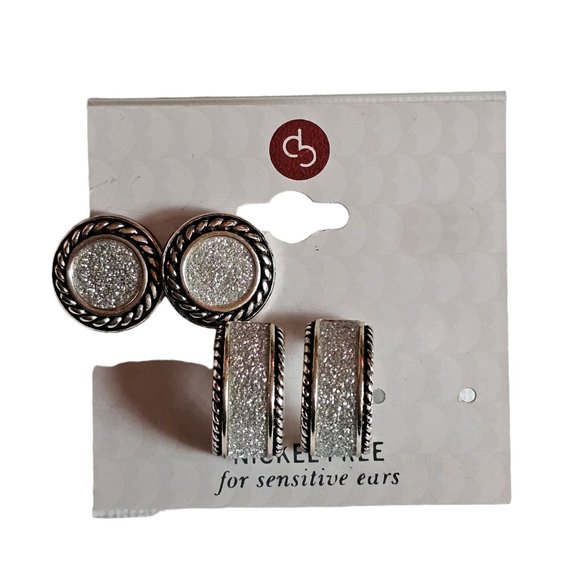 DB Brand 2 Pair Earring Stud Hoops White Sparkle Circle Silver Tone Fun New Gift - Picture 5 of 10